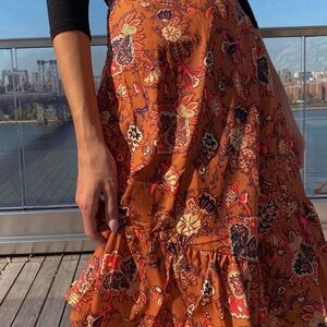 Orange Floral Tiered Maxi Skirt
